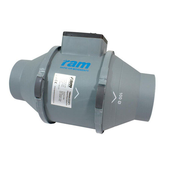 RAM Mixed-Flow Inline Rohrventilator, 100 mm, 199 m³/h,+ IEC Kabel mit Eurostecker